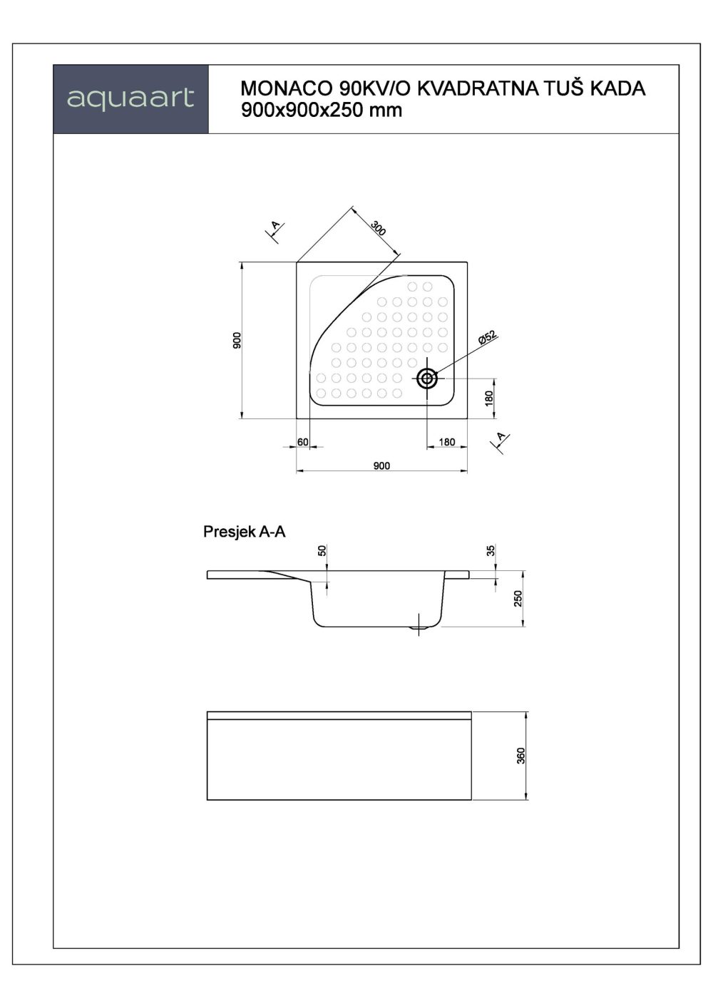 MONACO 90KV/O KVADRATNA TUŠ KADA 900x900 mm - Slika 2