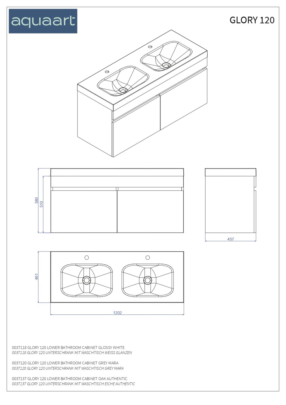 GLORY 120 DONJI KUPAONSKI ORMARIĆ BIJELI SJAJ - Slika 2