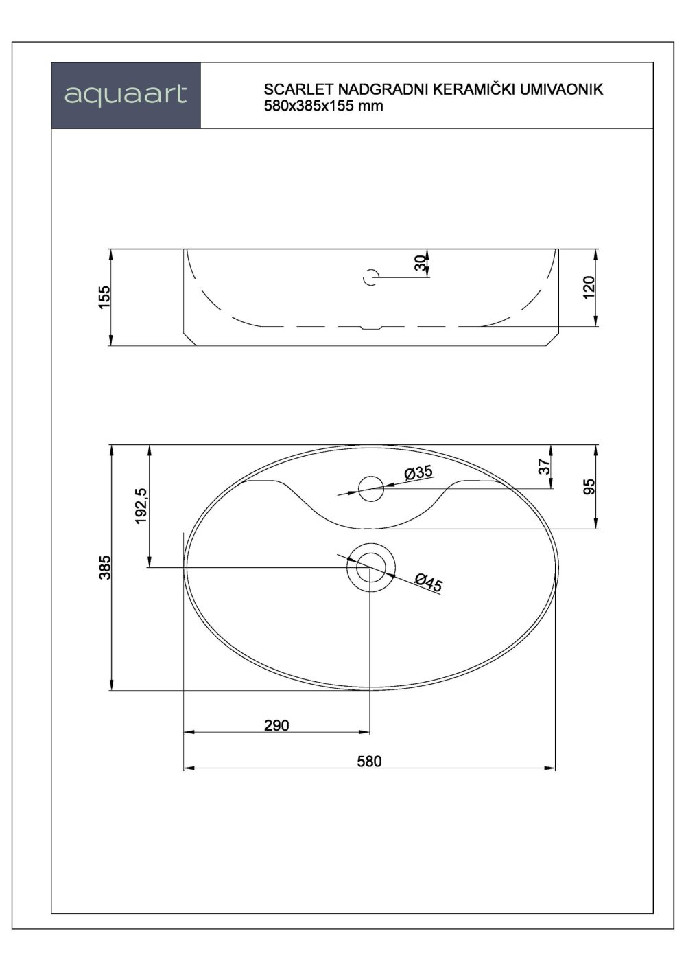SCARLET NADGRADNI KERAMIČKI UMIVAONIK 580x385x155 mm - Slika 3