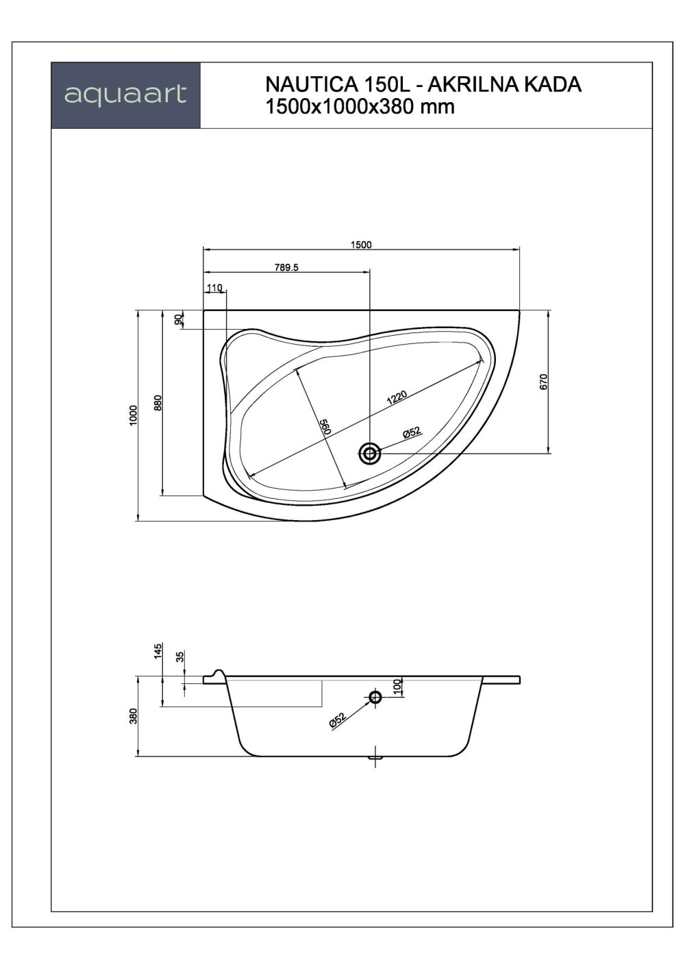 NAUTICA 150L KUPAONSKA KADA 1500x1000 mm - Slika 2