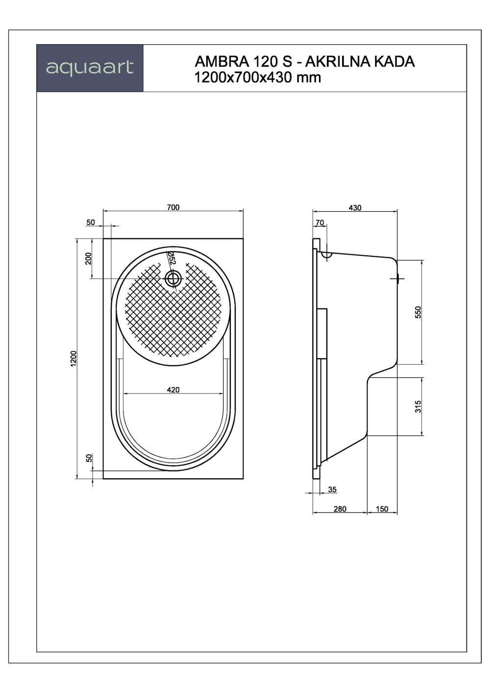 AMBRA 120 S KUPAONSKA KADA 1200x700 mm - Slika 2