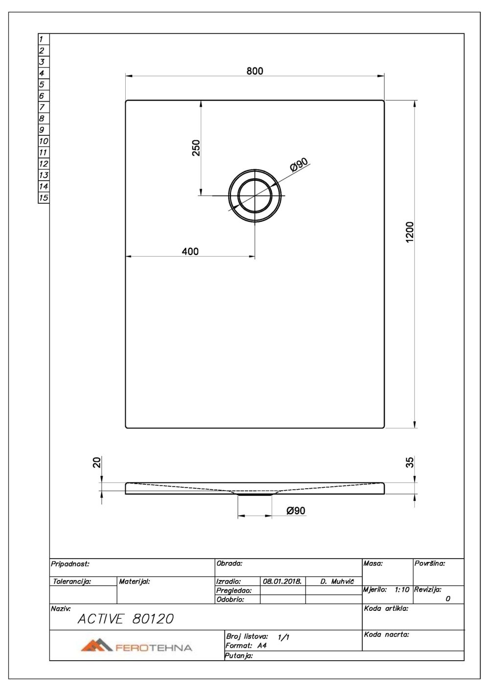 ACTIVE 80120 TUŠ KADA 800x1200 mm - Slika 2