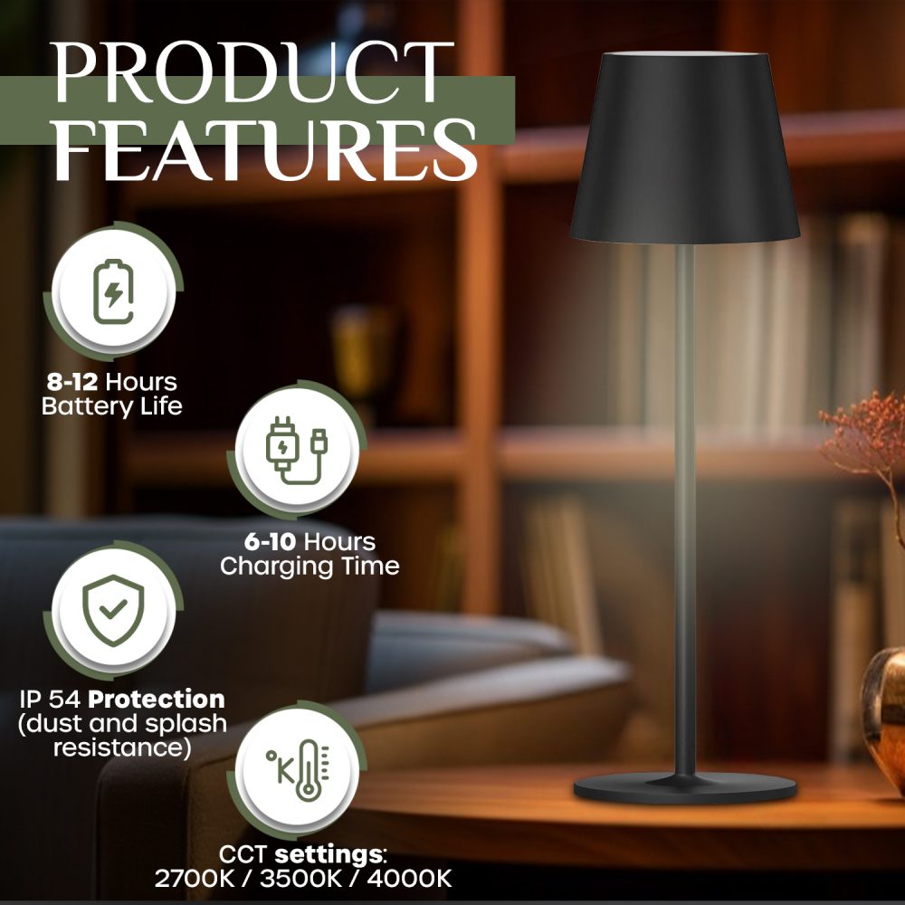 LED STOLNA PUNJIVA SVJETILJKA GEMA 3W 2700/3500/4000K 300 lm IP54 BLACK - Slika 3