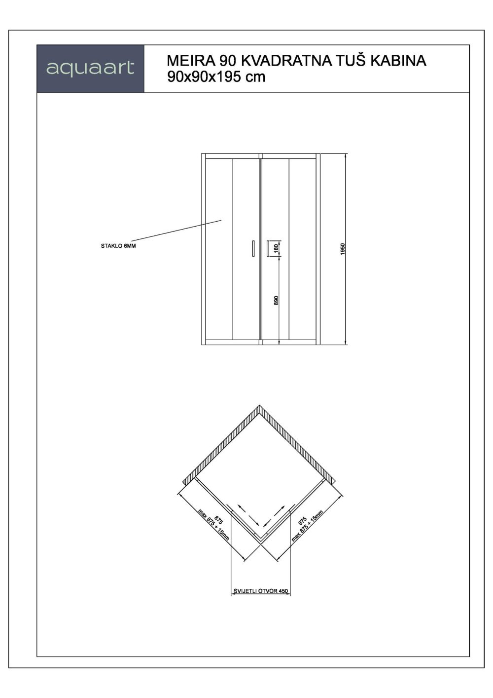 TK MEIRA 90 KVADRATNA TUŠ KABINA 90x90x195 cm - Slika 2