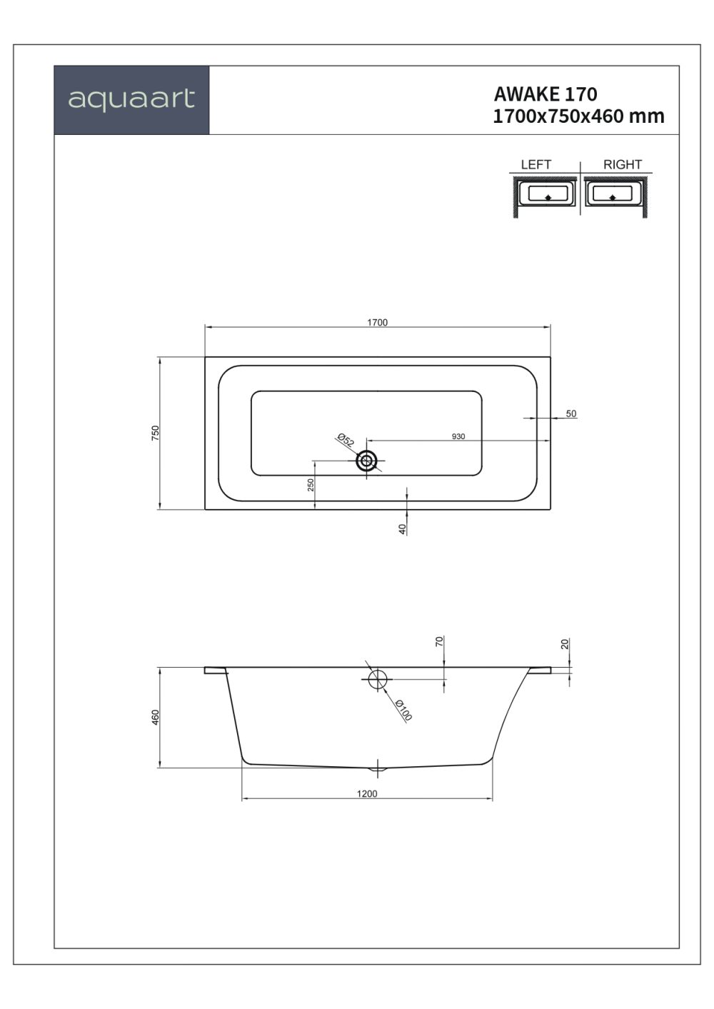 AWAKE 170/R PRAVOKUTNA KUPAONSKA KADA 1700x750 mm - Slika 2