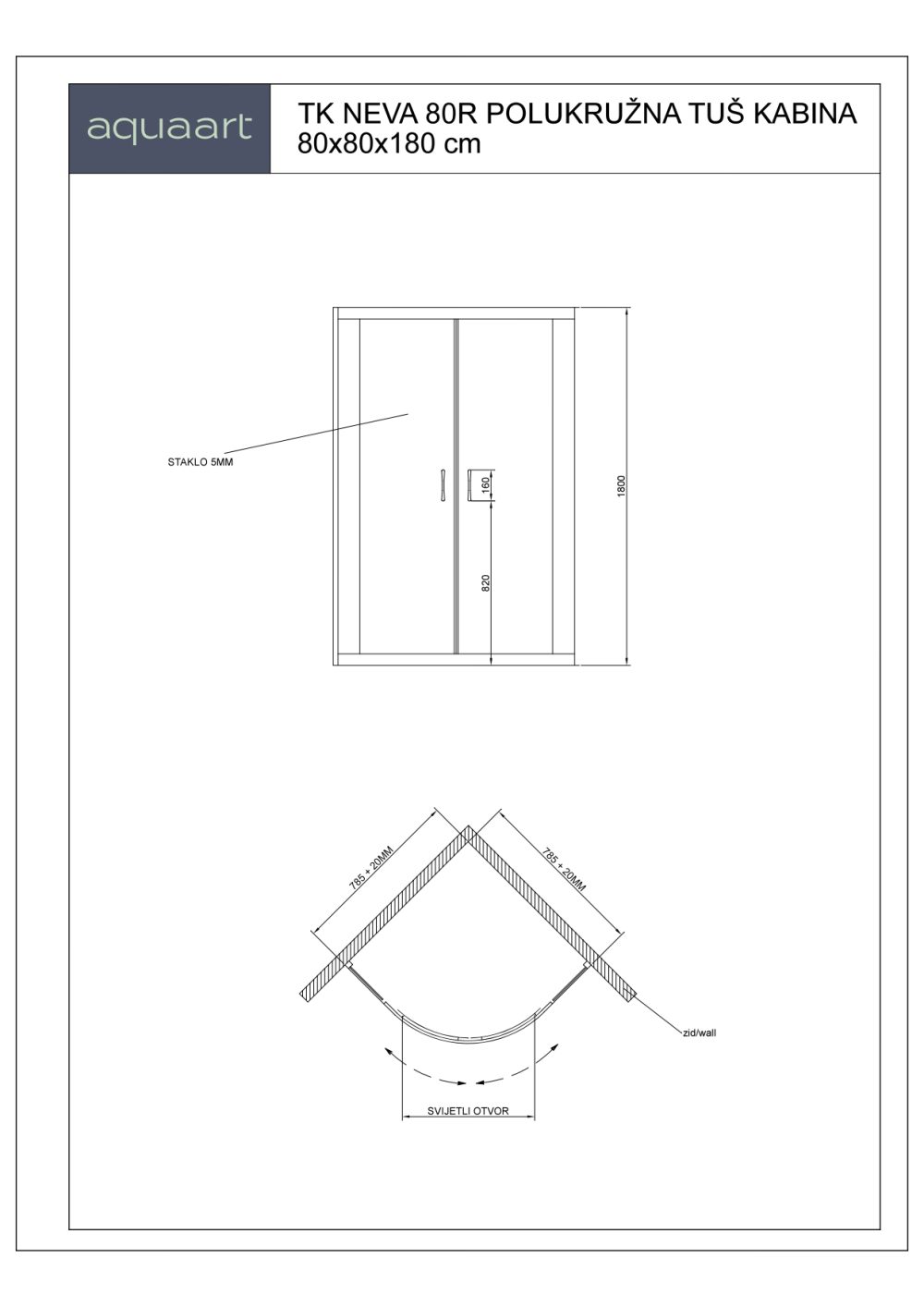 TK NEVA 80 POLUKRUŽNA TUŠ KABINA 80x80x180 cm - Slika 2