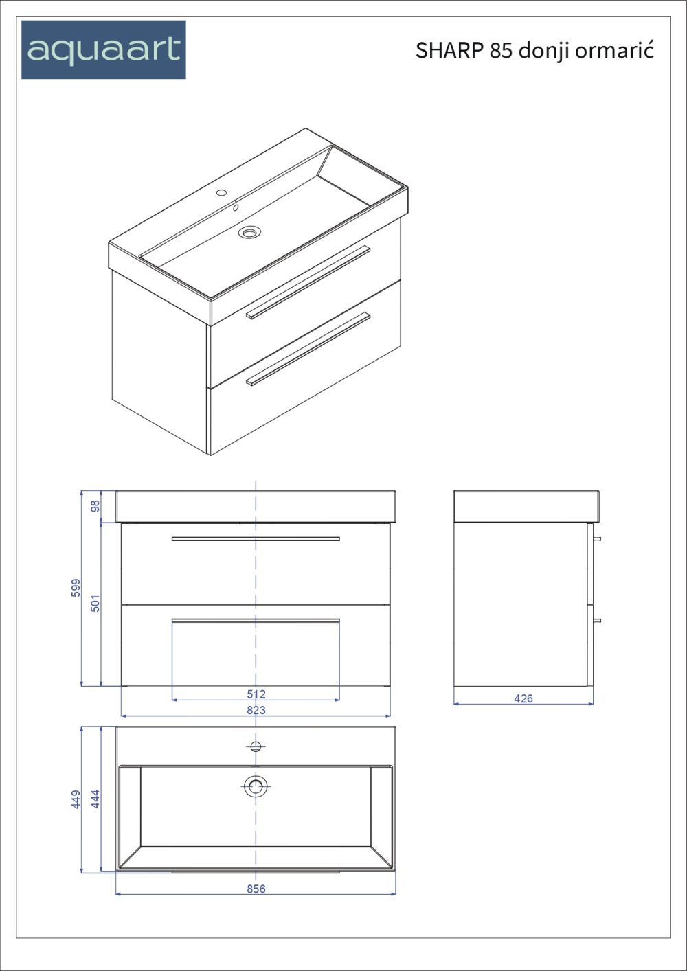 SHARP 85 DONJI KUPAONSKI ORMARIĆ HRAST NATURAL ZLATNA RUČKICA - Slika 4
