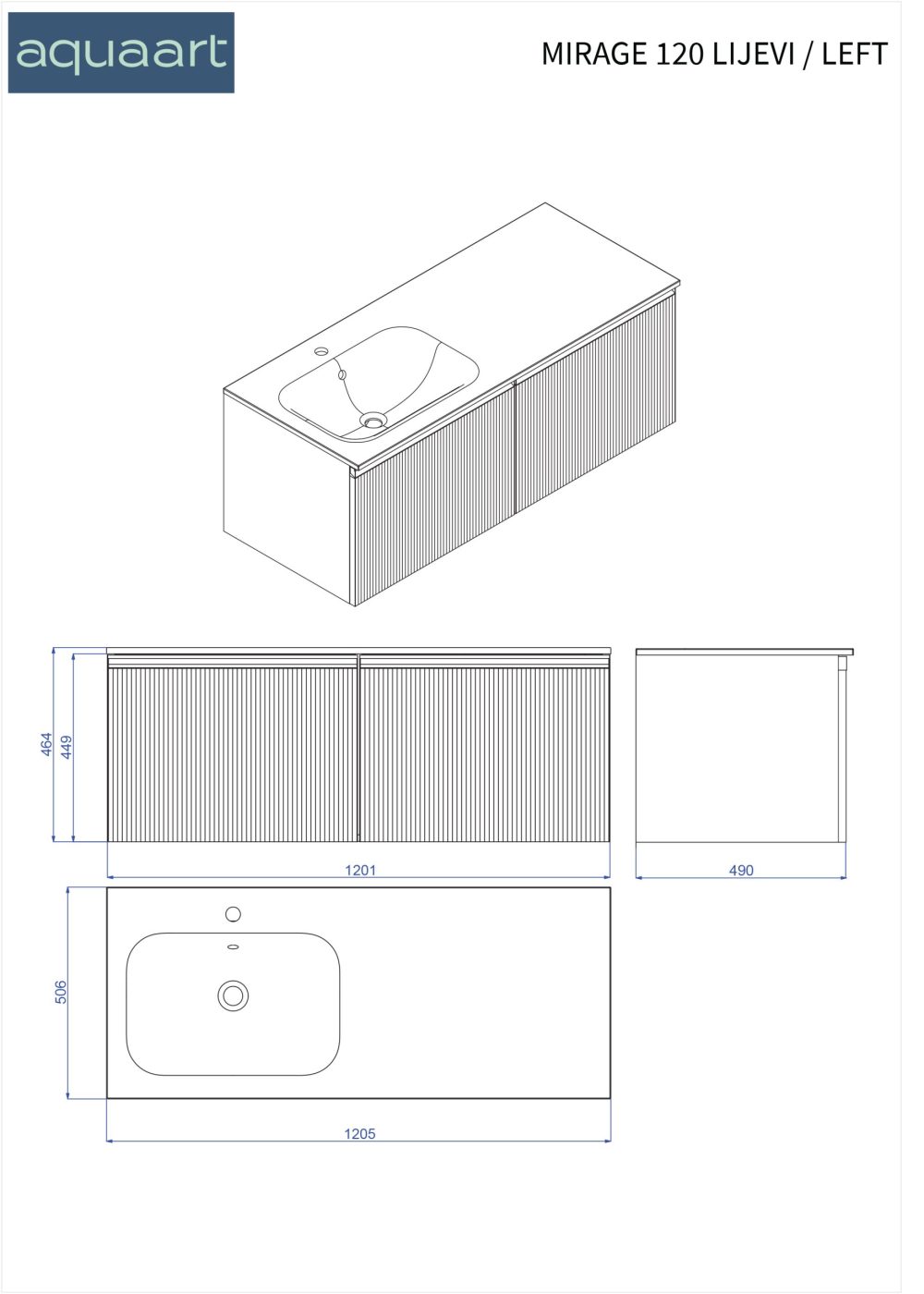 MIRAGE 120 DONJI KUPAONSKI ORMARIĆ LIJEVI KAŠMIR CRNA RUČKICA - Slika 3