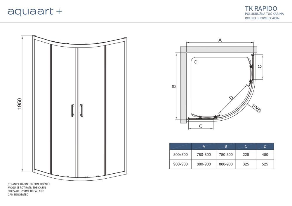 TK RAPIDO 80 BRUSHED GOLD POLUKRUŽNA TUŠ KABINA 80X80X195 cm - Slika 3