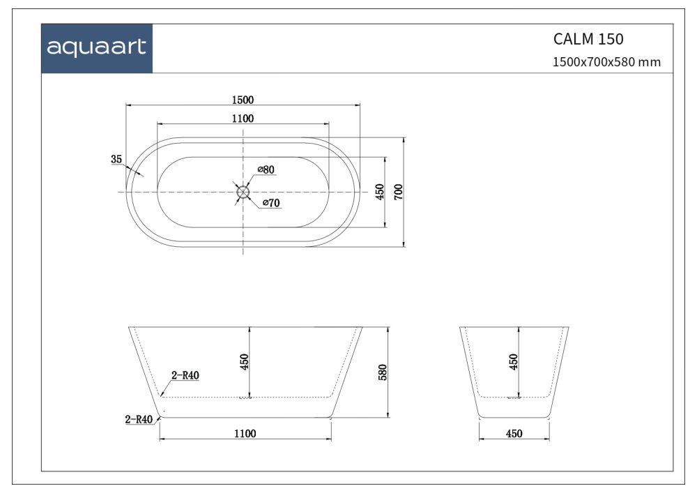 CALM 150 SAMOSTOJEĆA KUPAONSKA KADA 1500X700X580 MM - Slika 5