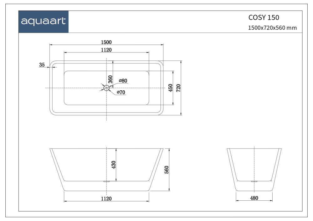 COSY 150 SAMOSTOJEĆA KUPAONSKA KADA 1500X720X560 MM - Slika 3