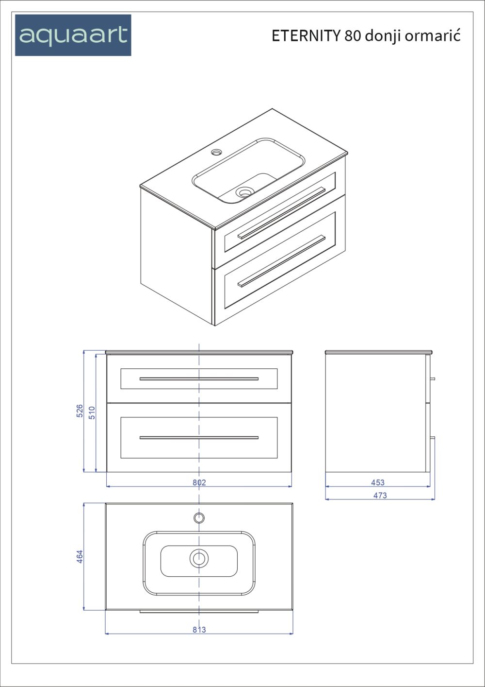 ETERNITY 80 DONJI KUPAONSKI ORMARIĆ BIJELI MAT SREBRNA RUČKICA - Slika 3