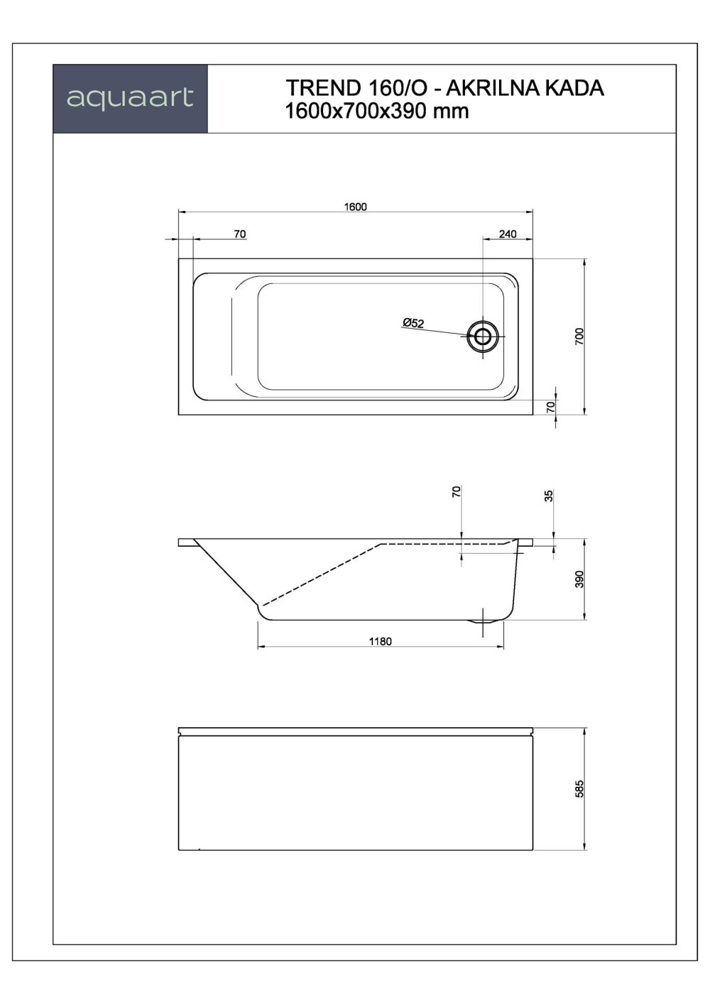 TREND 160/O KUPAONSKA KADA 1600x700 mm - Slika 2