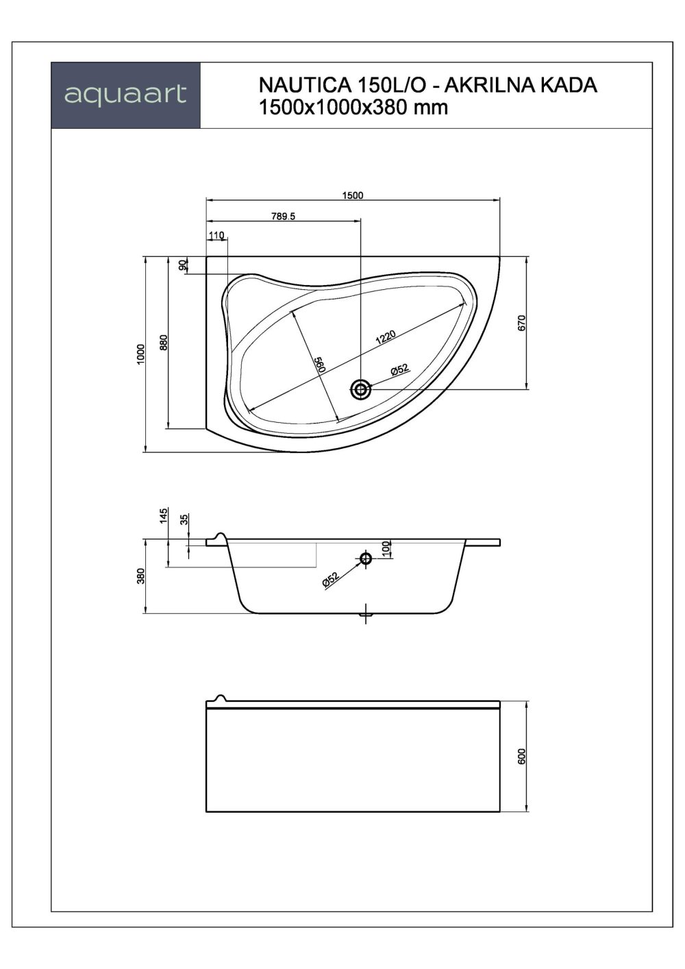 NAUTICA 150L/O KUPAONSKA KADA 1500x1000 mm - Slika 2