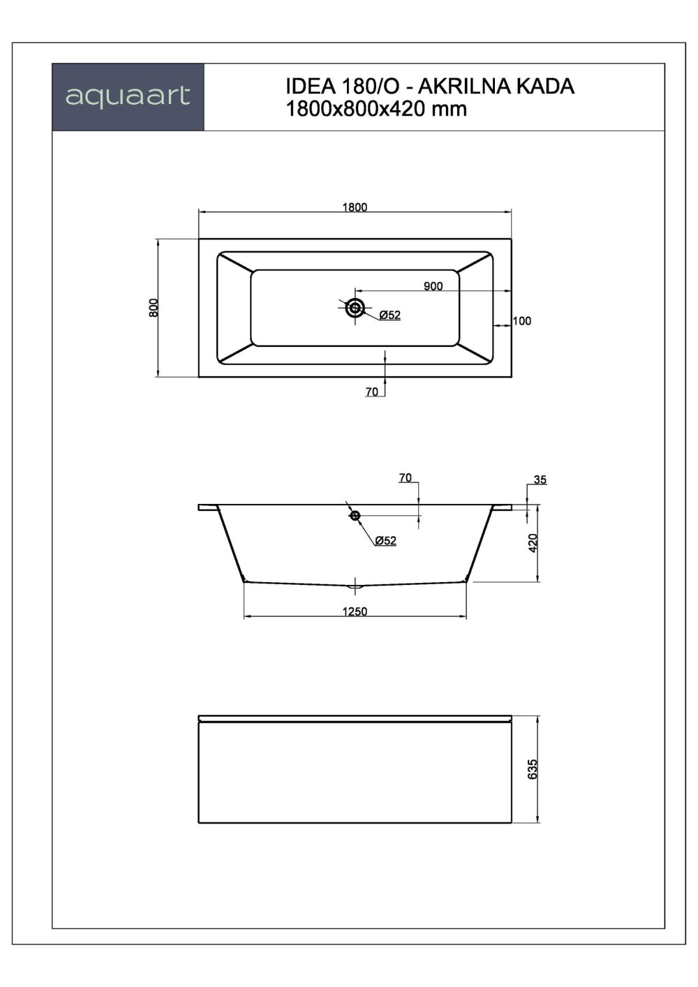 IDEA 180/O KUPAONSKA KADA 1800x800 mm - Slika 2