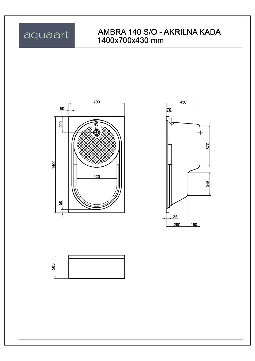 AMBRA 140 S/O KUPAONSKA KADA 1400x700 mm - Slika 2