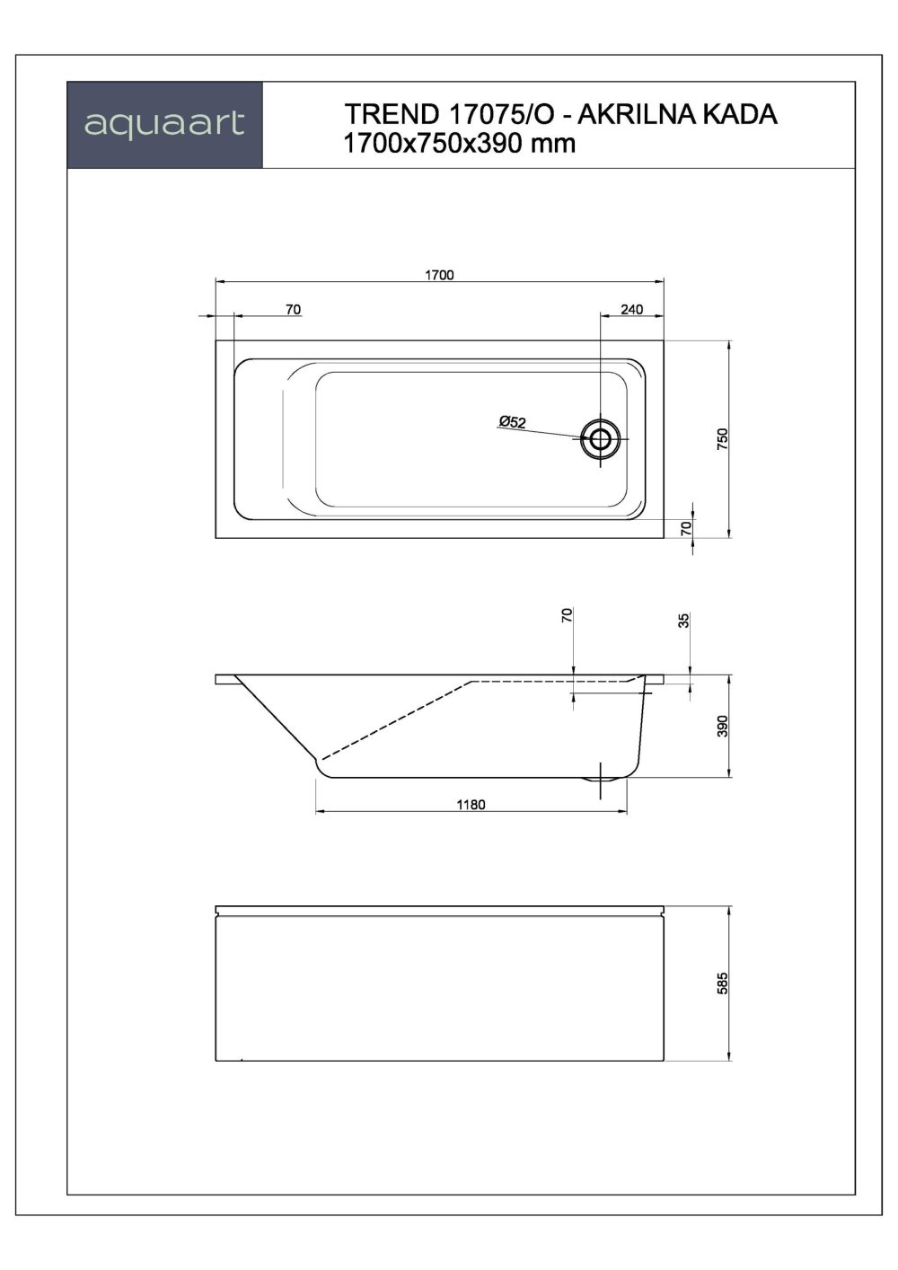 TREND 17075/O KUPAONSKA KADA 1700x750 mm - Slika 2