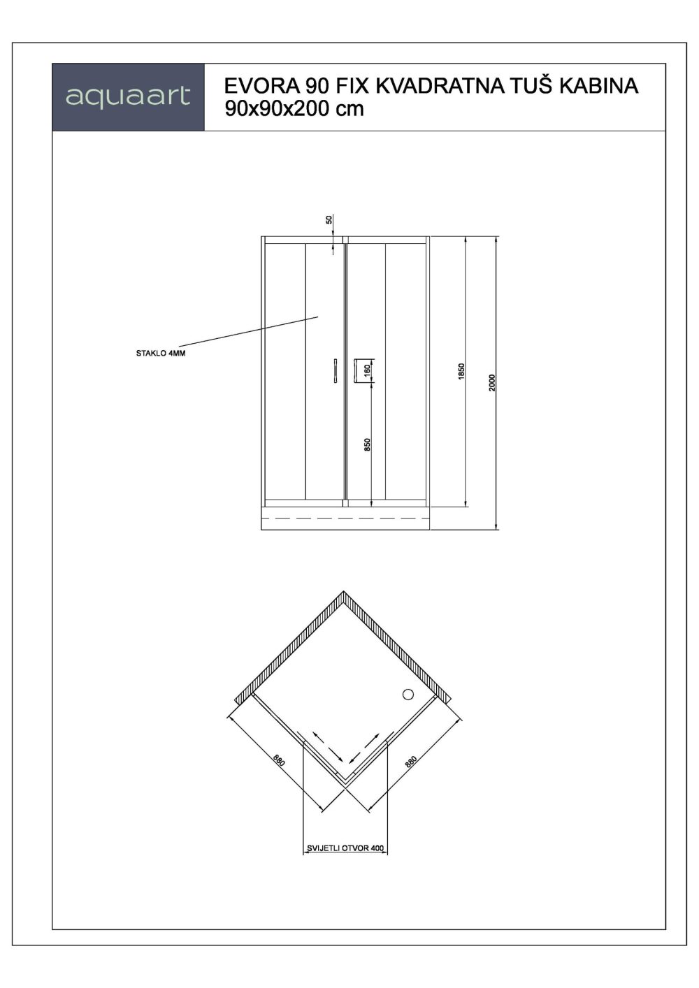 EVORA 90 FIX KVADRATNA TUŠ KABINA 90x90x200 cm - Slika 2