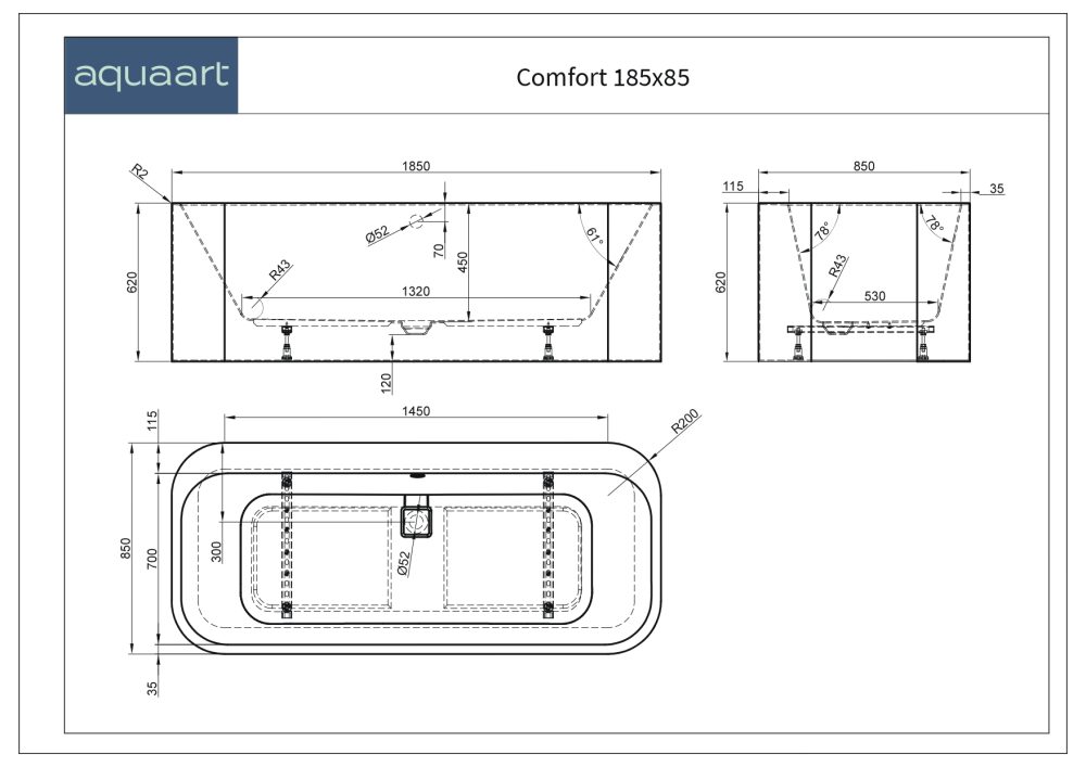 COMFORT 185 SAMOSTOJEĆA KADA WHITE MATT 185x85x62 cm - Slika 3