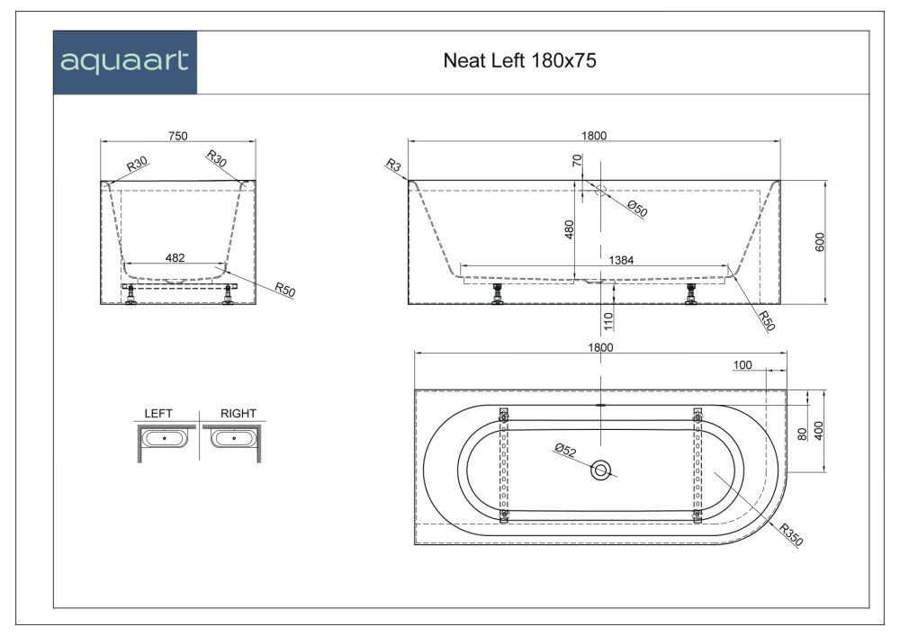 NEAT LEFT WHITE MATT SAMOSTOJEĆA KADA 180x75x60 cm - Slika 3