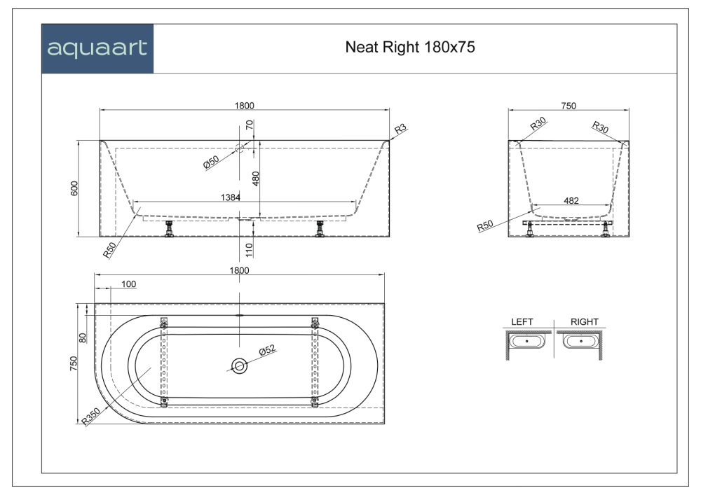 NEAT RIGHT WHITE MATT SAMOSTOJEĆA KADA 180x75x60 cm - Slika 2