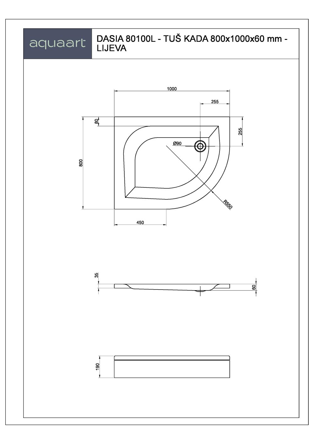 DASIA 80100/L TUŠ KADA 800x1000 mm - Slika 2