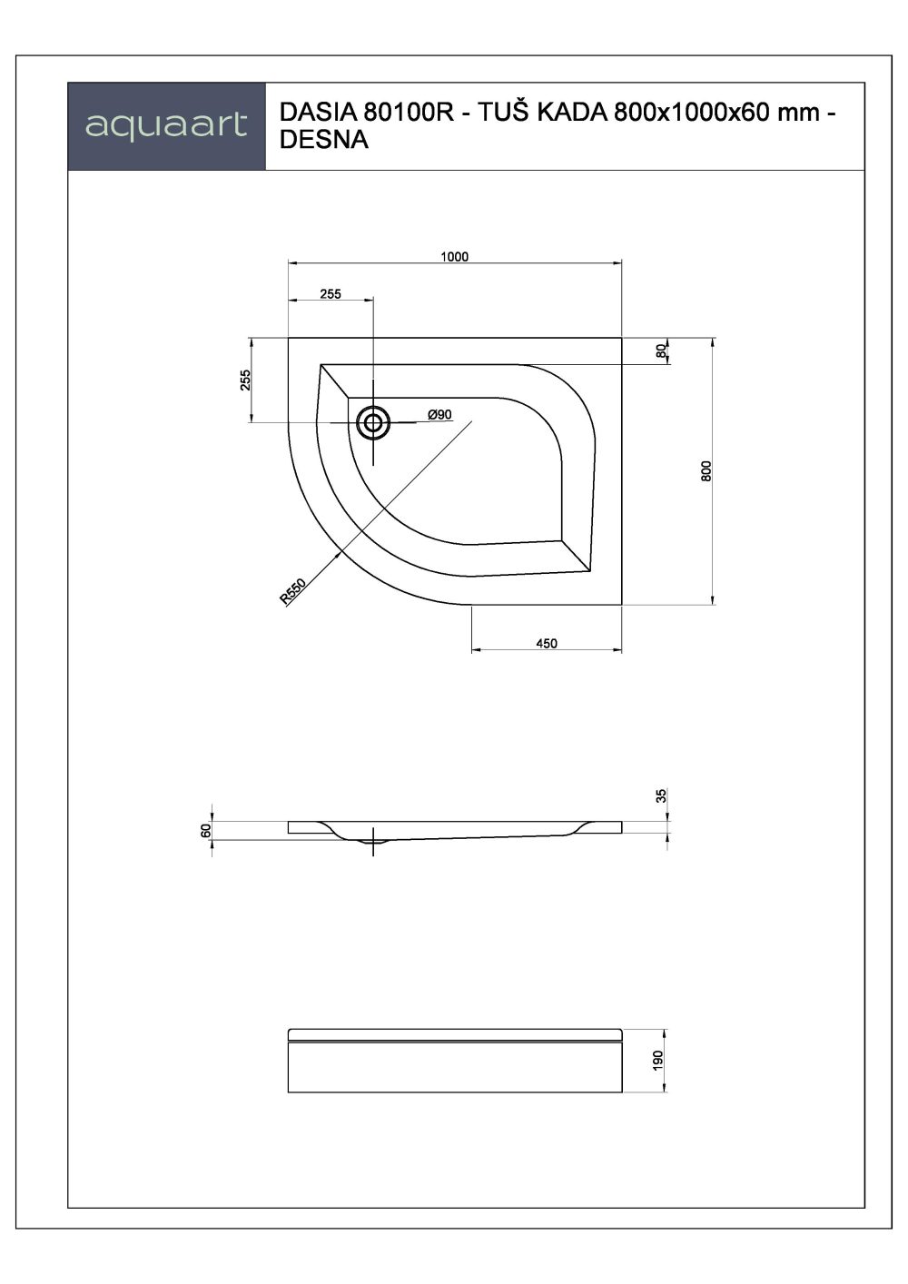 DASIA 80100/R TUŠ KADA 800x1000 mm - Slika 2