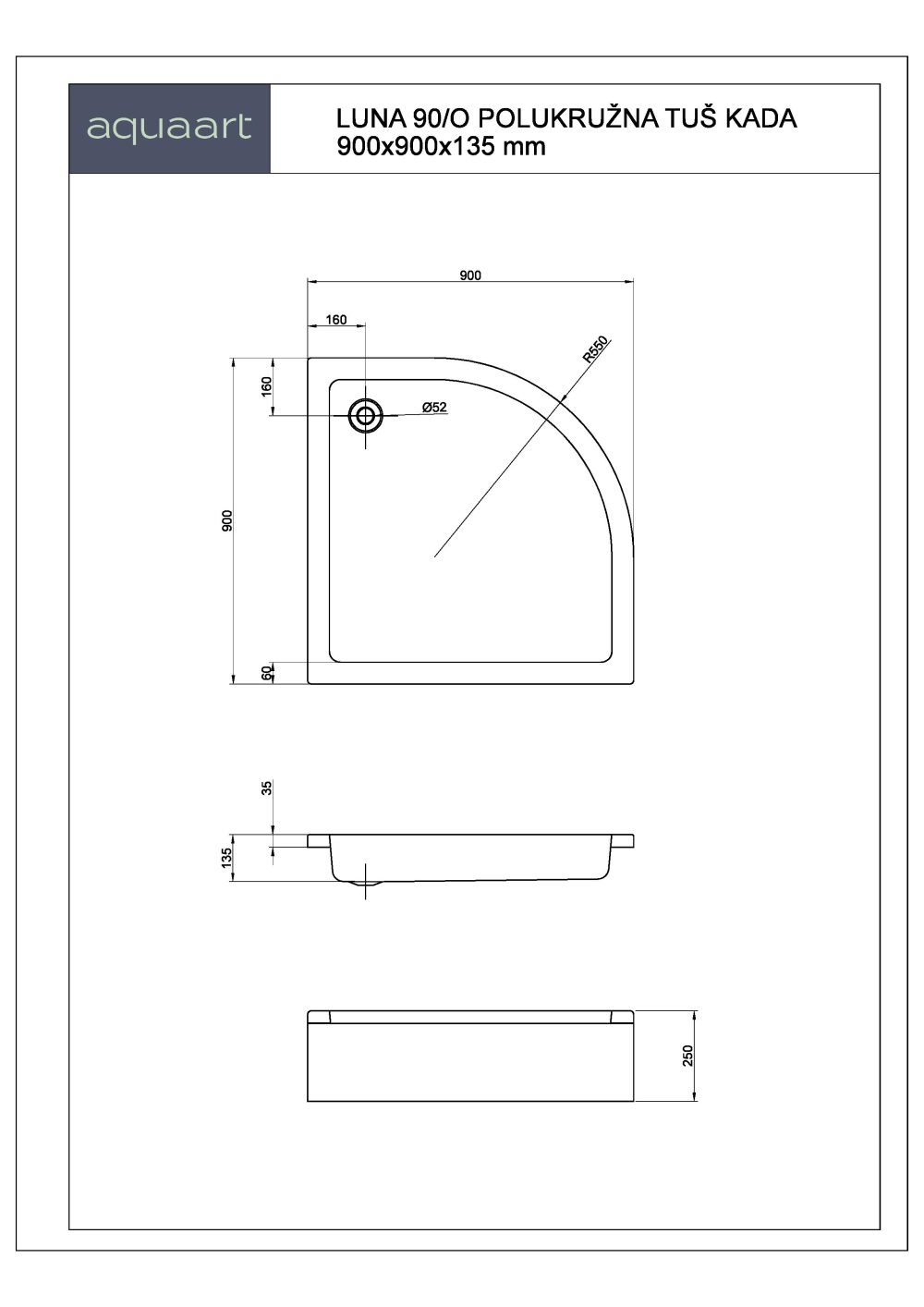 LUNA 90/O POLUKRUŽNA TUŠ KADA 900x900 mm - Slika 2