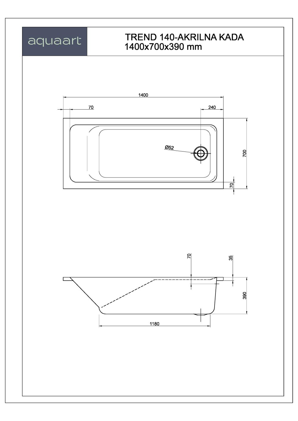 TREND 140 KUPAONSKA KADA 1400x700 mm - Slika 2