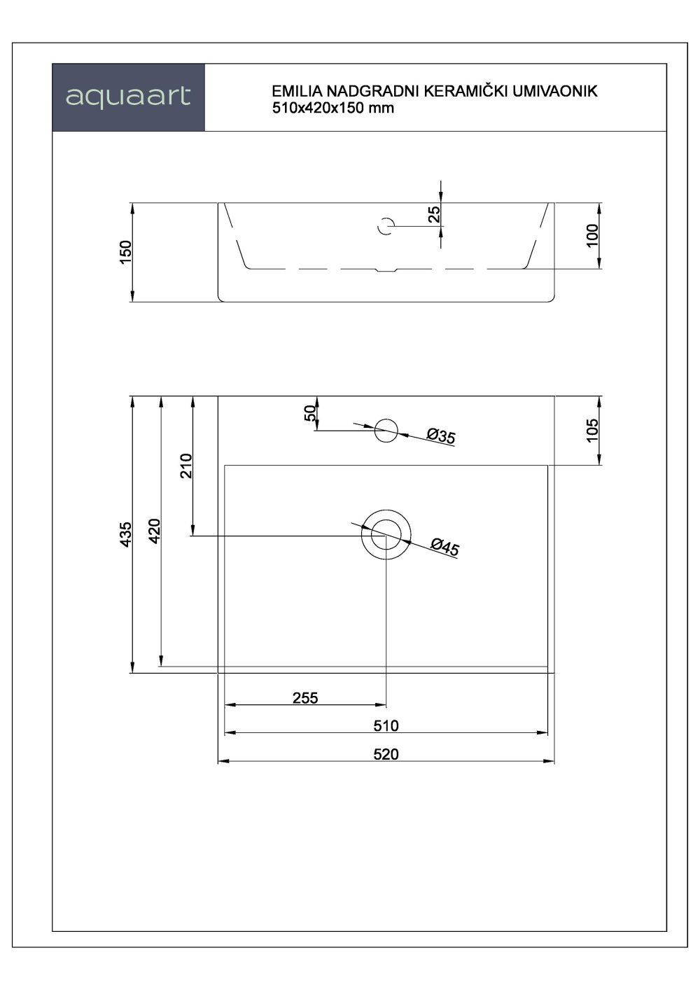 EMILIA NADGRADNI KERAMIČKI UMIVAONIK 510x420x150 mm - Slika 3