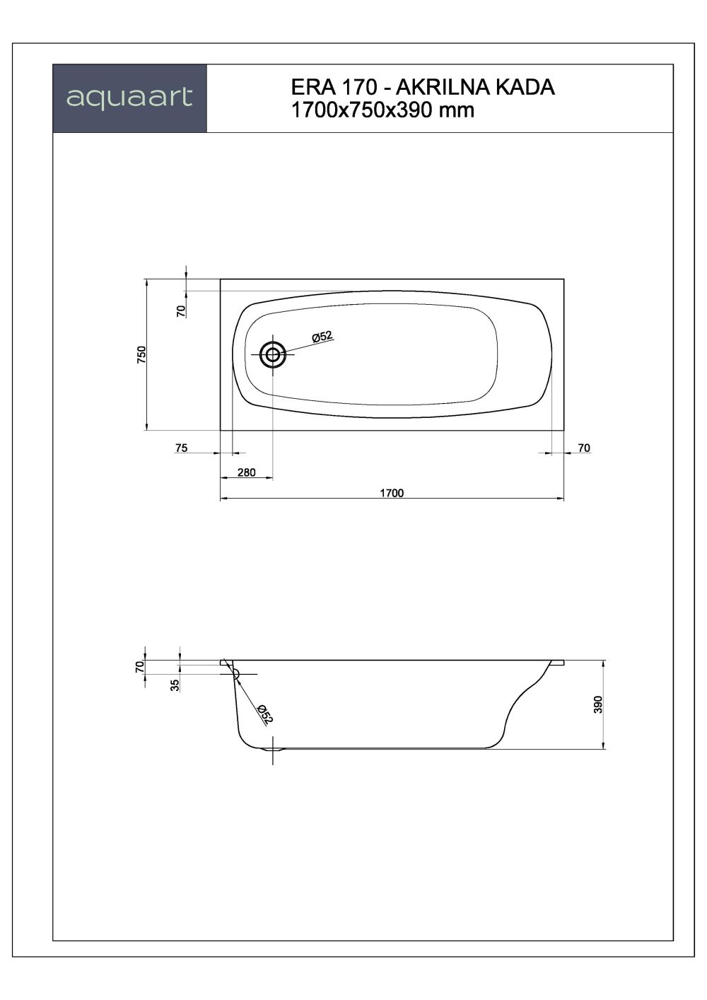 ERA 170 KUPAONSKA KADA 1700x750 mm - Slika 2