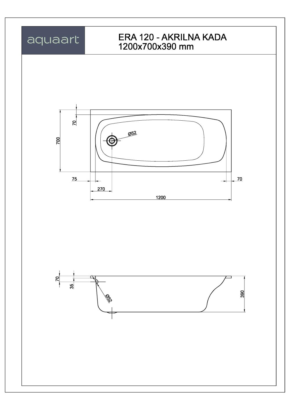 ERA 120 KUPAONSKA KADA 1200x700 mm - Slika 2
