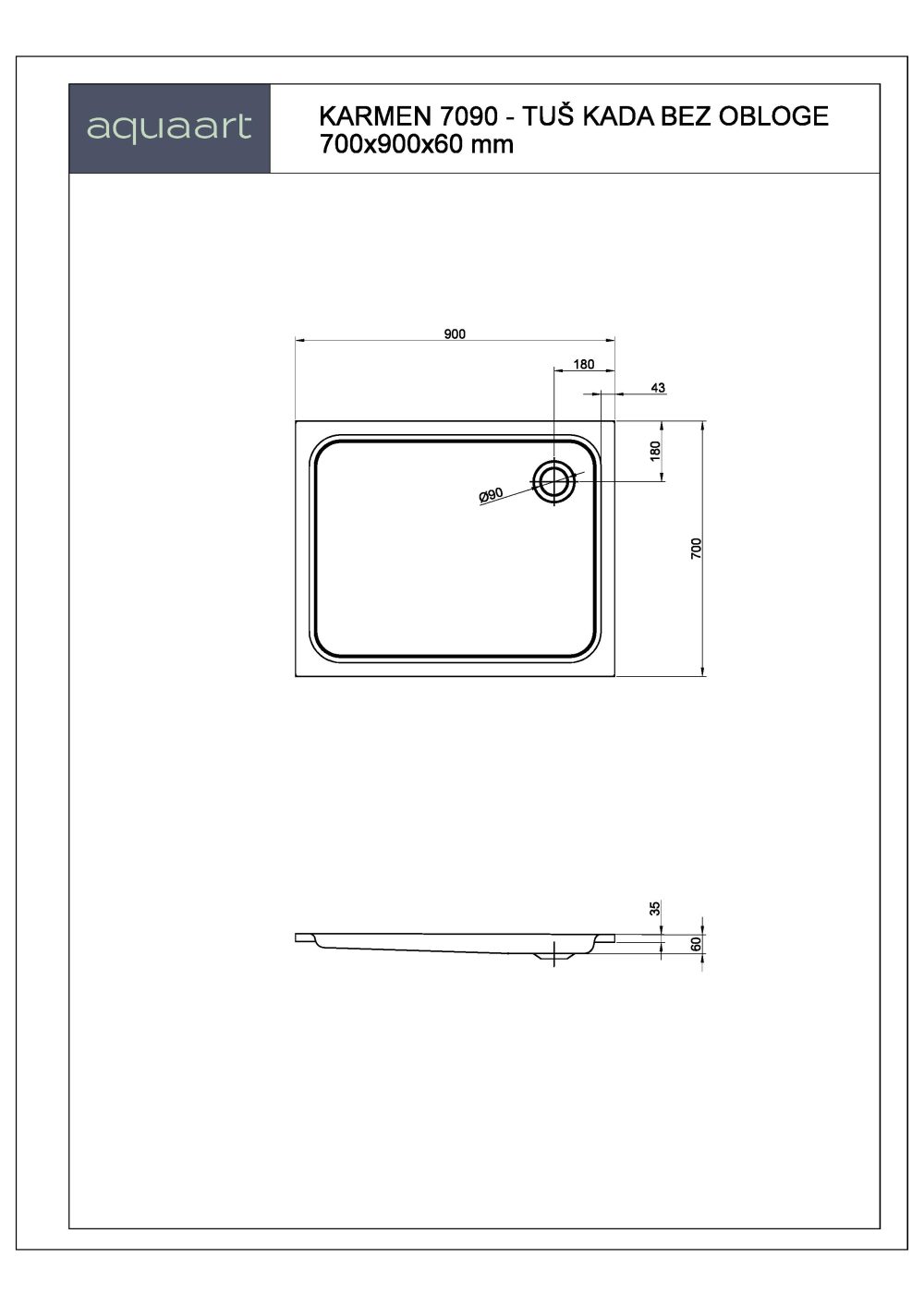 KARMEN 7090 TUŠ KADA BEZ OBLOGE 700x900 mm - Slika 2