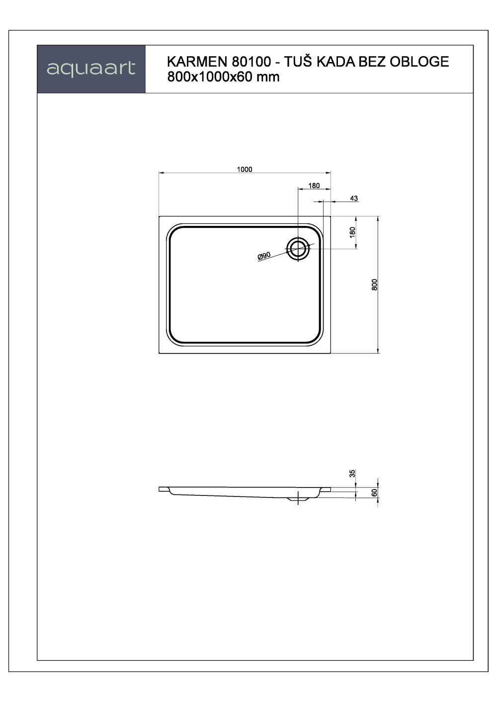 KARMEN 80100 TUŠ KADA BEZ OBLOGE 800x1000 mm - Slika 2