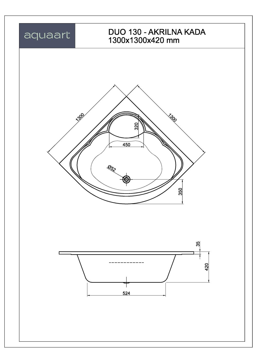 DUO 130 KUPAONSKA KADA 1300x1300 mm - Slika 2