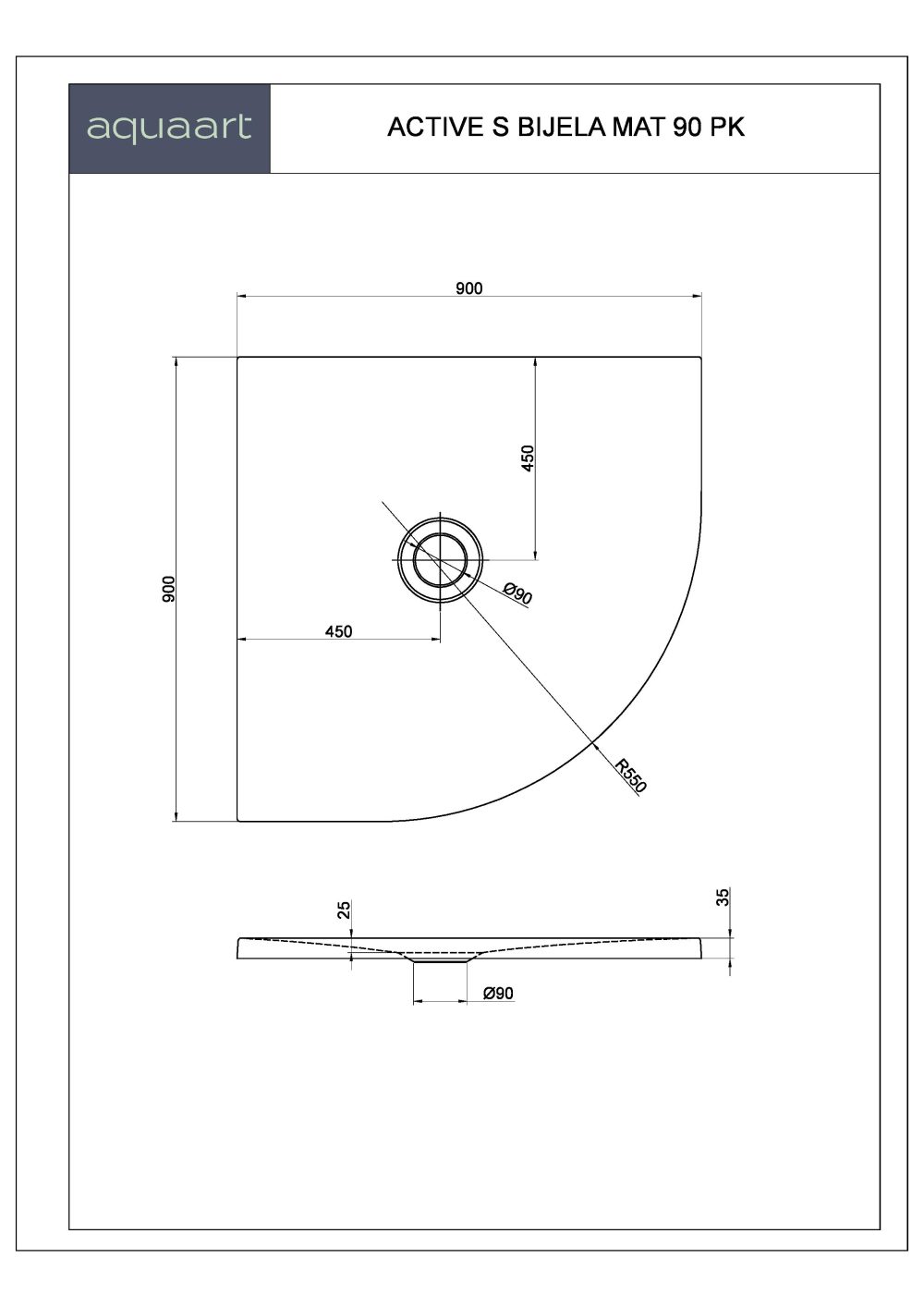 ACTIVE S BIJELA MAT 90 PK TUŠ KADA 900x900 mm - Slika 2