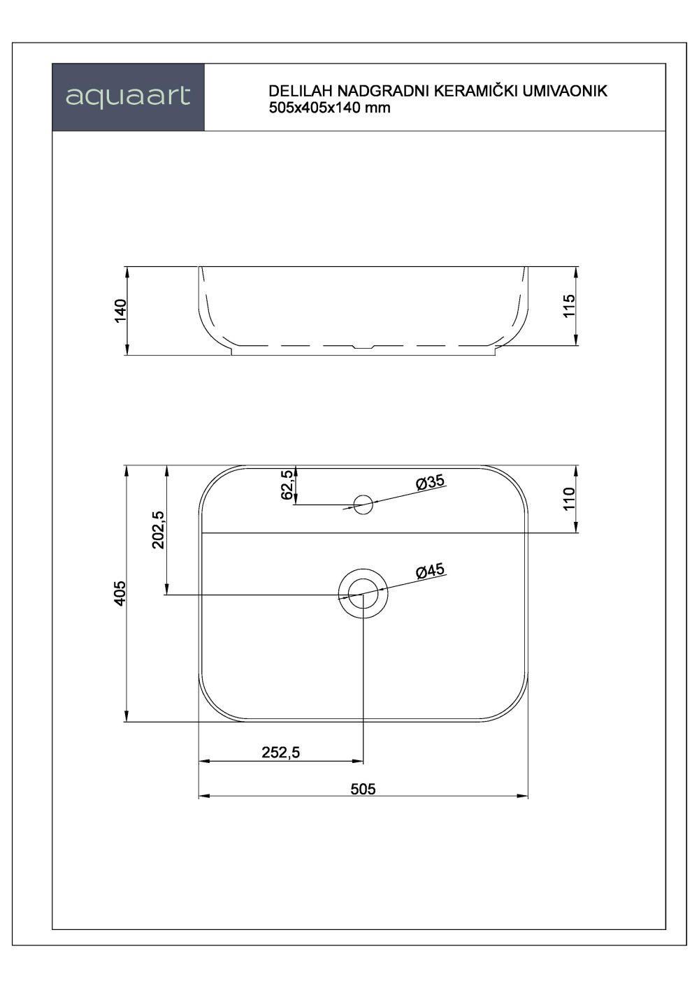 DELILAH NADGRADNI KERAMIČKI UMIVAONIK 505x405x140 mm - Slika 3