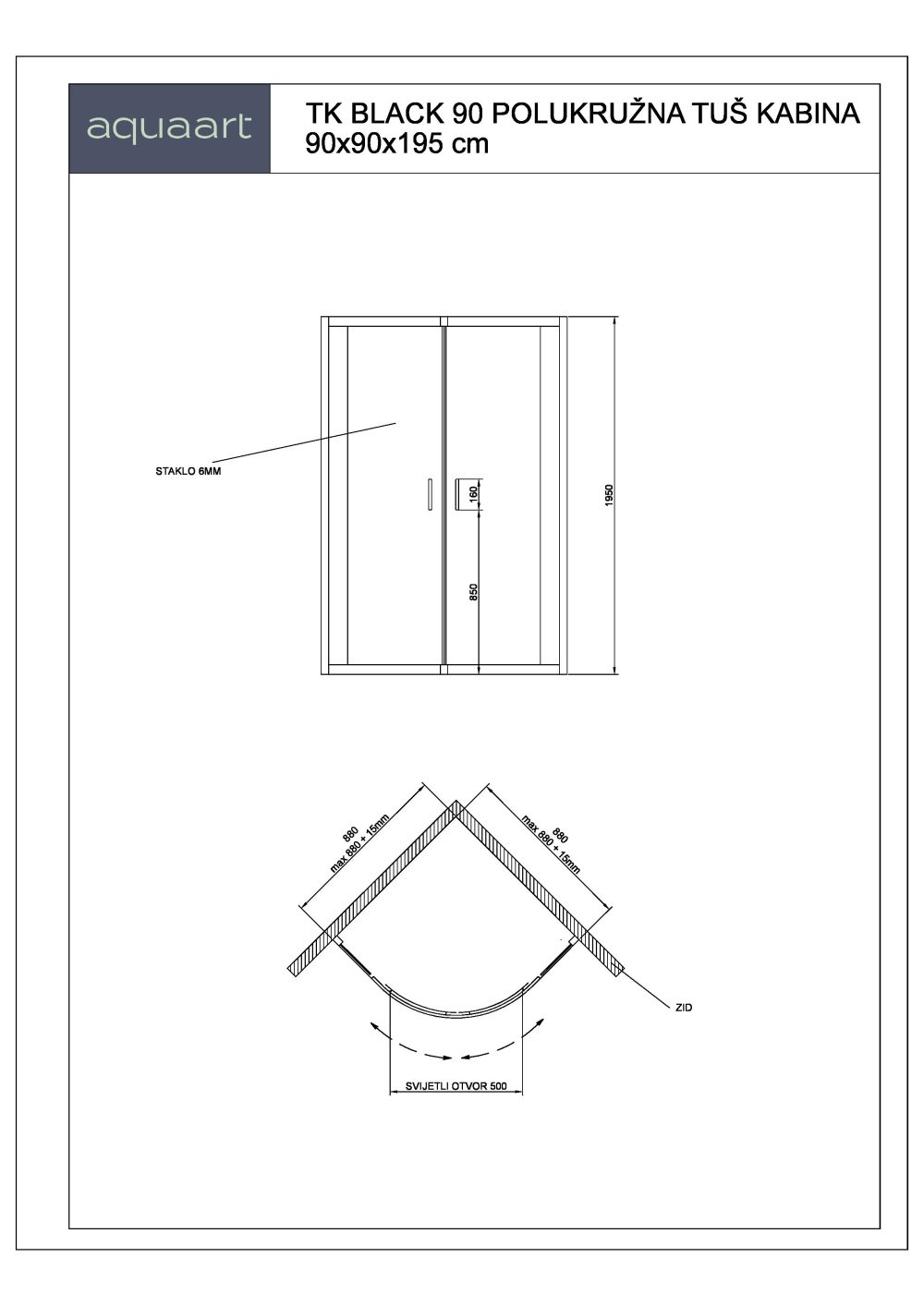 TK BLACK 90 POLUKRUŽNA TUŠ KABINA 90x90x195 cm - Slika 2