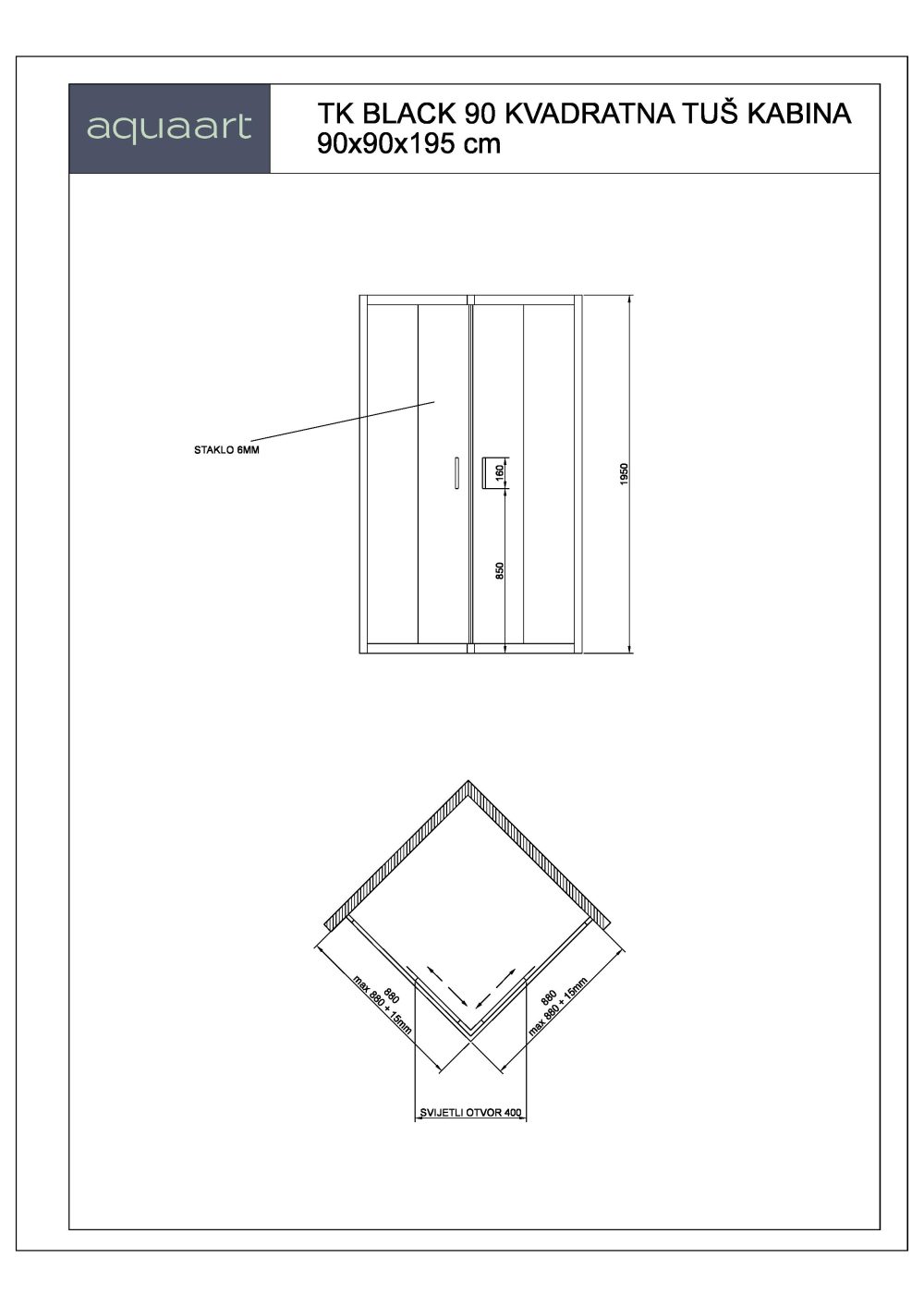 TK BLACK 90 KVADRATNA TUŠ KABINA 90x90x195 cm - Slika 2