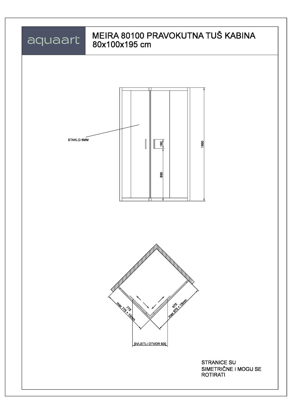 TK MEIRA 80100 PRAVOKUTNA TUŠ KABINA 80x100x195 cm - Slika 2