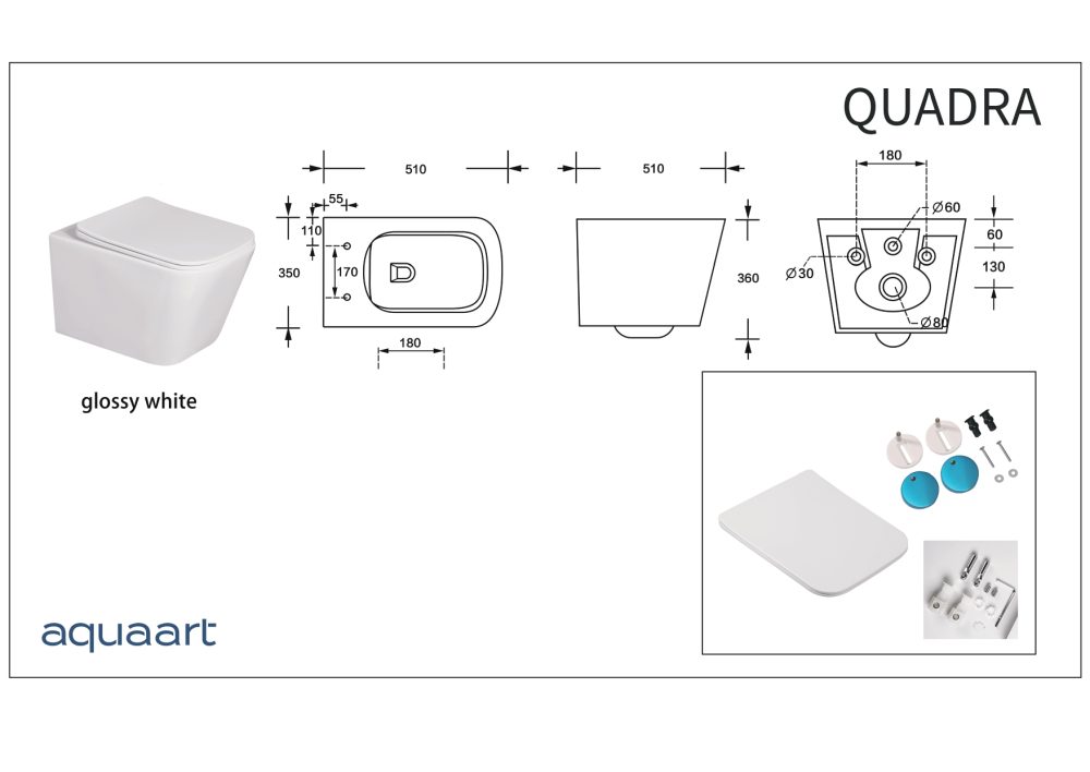 QUADRA VISEĆA ŠKOLJKA S DASKOM  RIMLESS 510x350x360 mm - Slika 4