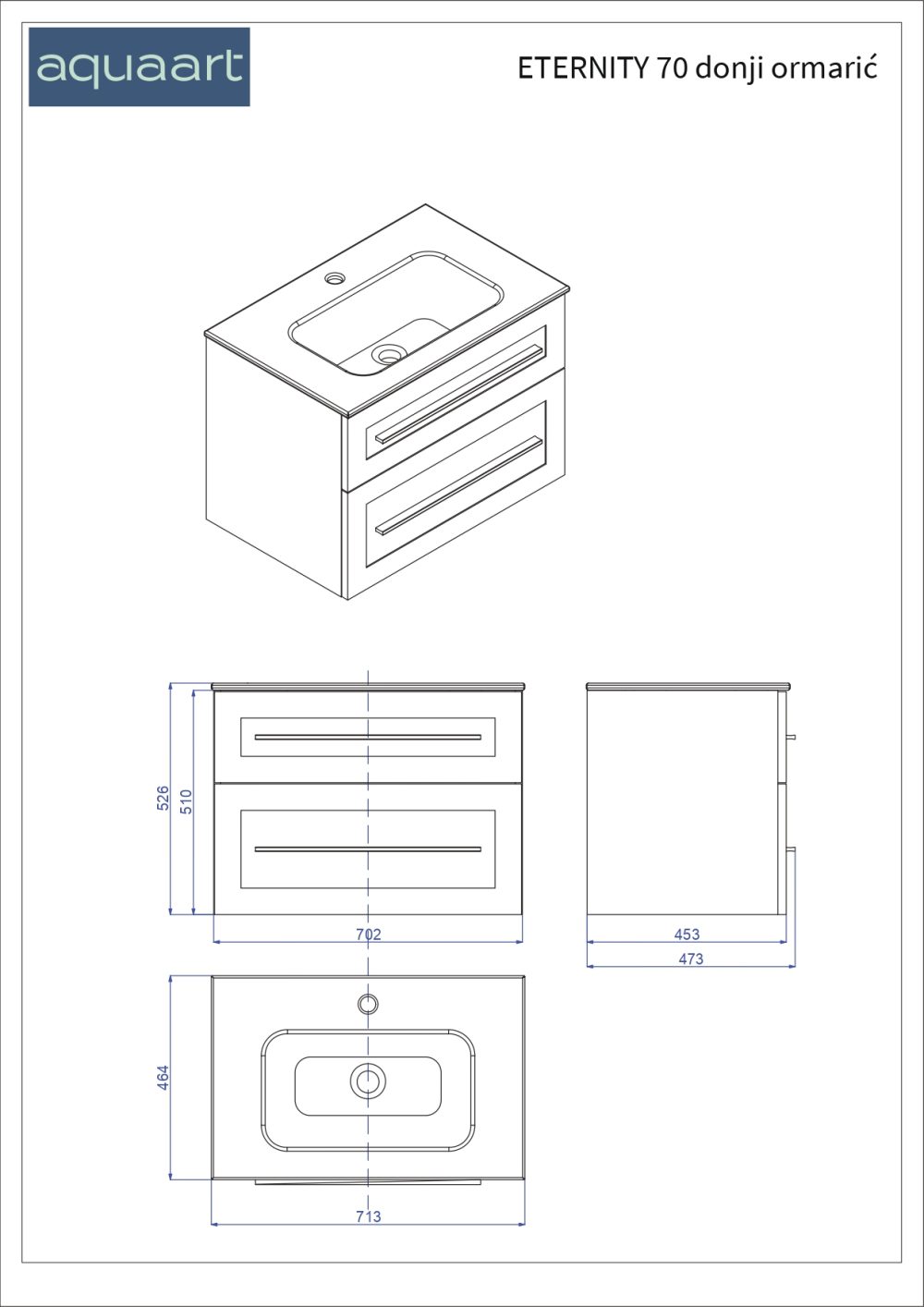 ETERNITY 70 DONJI KUPAONSKI ORMARIĆ GRAFIT SUPERMAT SREBRNA RUČKICA - Slika 3