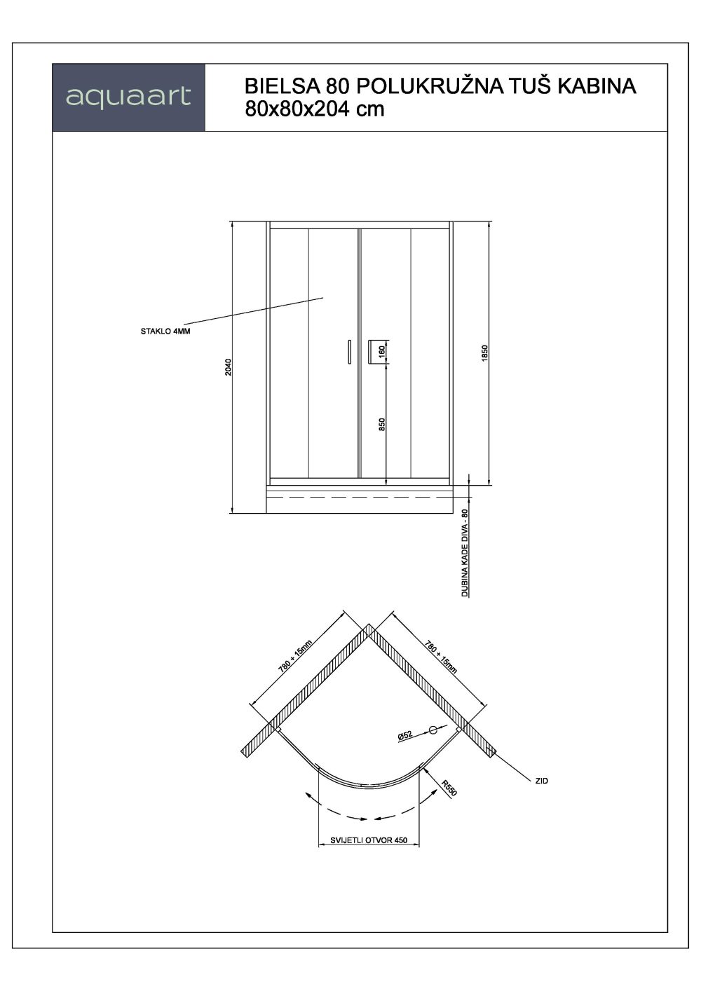 BIELSA 80 POLUKRUŽNA TUŠ KABINA 80x80x204 cm - Slika 2