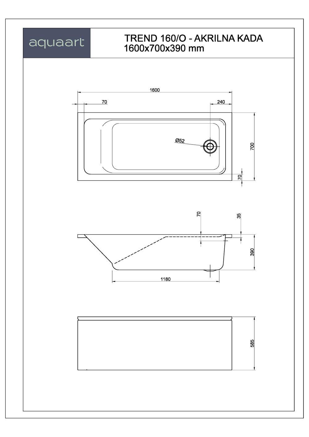 TREND 160/O KUPAONSKA KADA 1600x700 mm - Slika 2