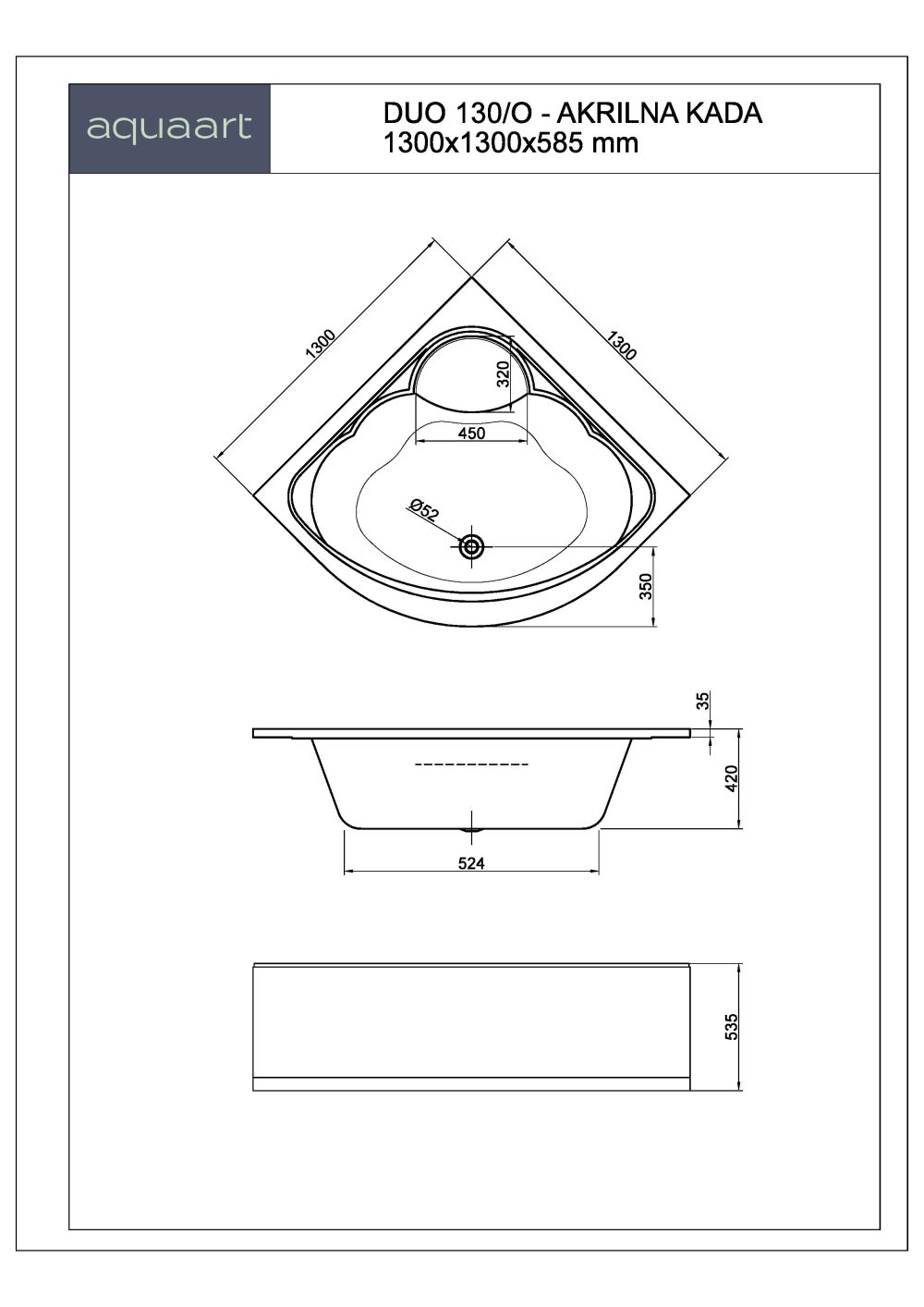 DUO 130/O KUPAONSKA KADA 1300x1300 mm - Slika 2