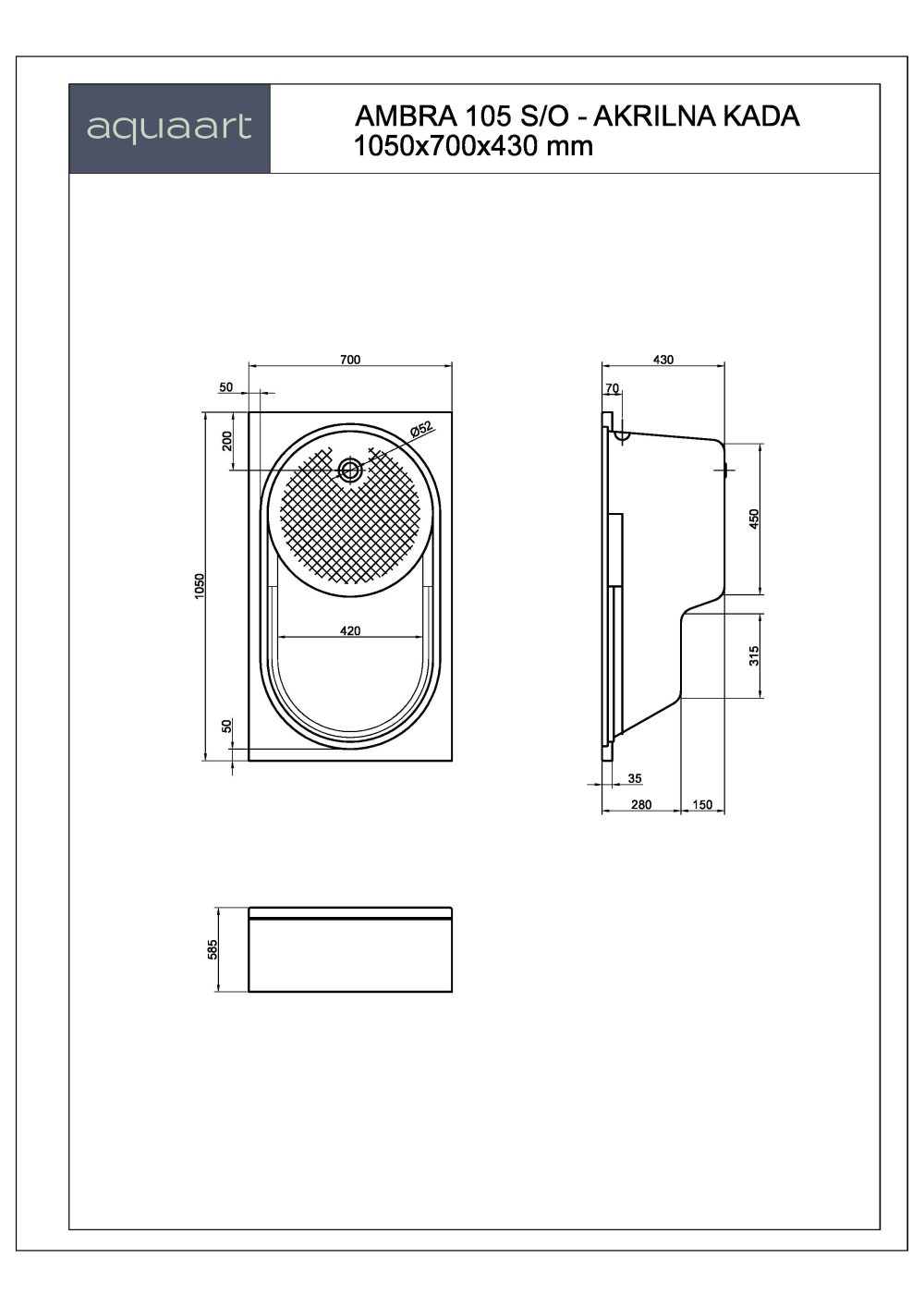 AMBRA 105 S/O KUPAONSKA KADA 1050x700 mm - Slika 2