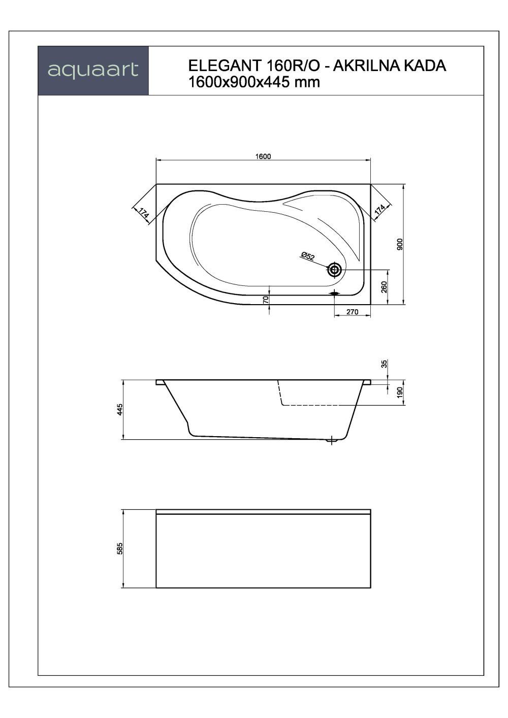 ELEGANT 160R/O KUPAONSKA KADA 1600x900 mm - Slika 2
