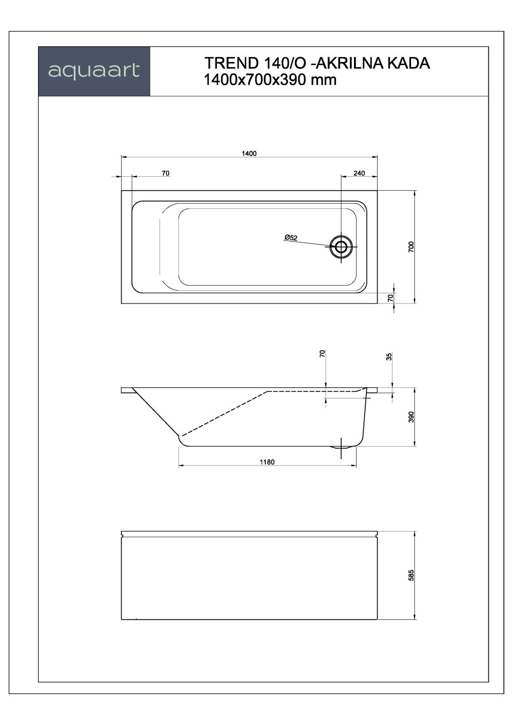 TREND 140/O KUPAONSKA KADA 1400x700 mm - Slika 2