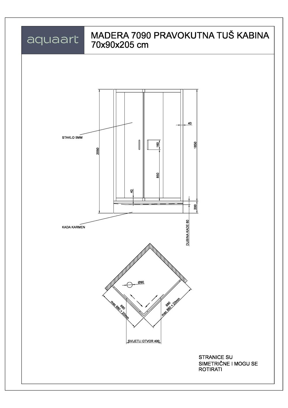 MADERA 7090 PRAVOKUTNA TUŠ KABINA 70x90x205 cm - Slika 2